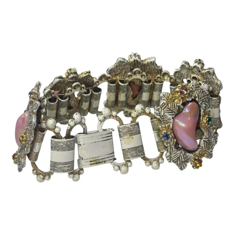 ✨ Vintage Statement Bracelet – Pink Iridescent Cabochons ✨